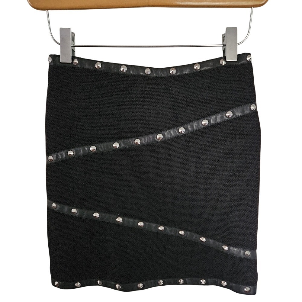 The Kooples Black Studded Leather Trim Wool Blend Mini Skirt EU 34 XS 25" Waist